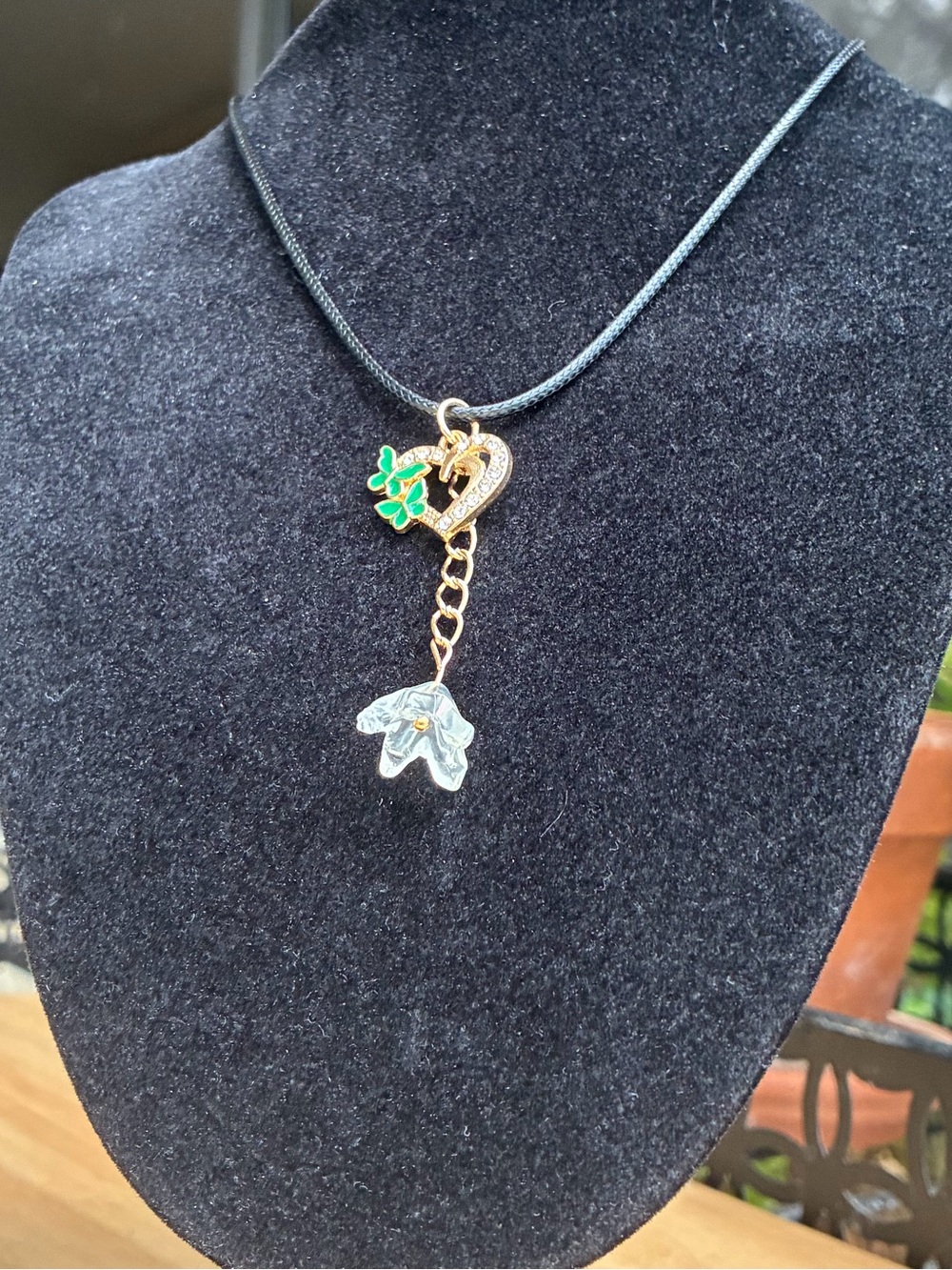 Handmade Gold-Tone Leaf & Clover Pendant Necklace in Green and Gold